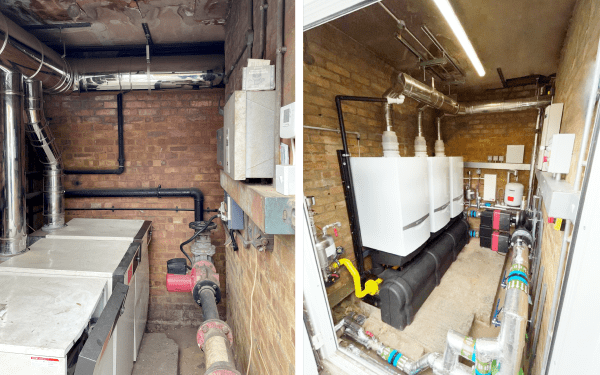 Before and after of a plant room upgrade featuring new boilers, heat exchanger, flue system, and weather-compensated controls to improve energy efficiency and long-term performance